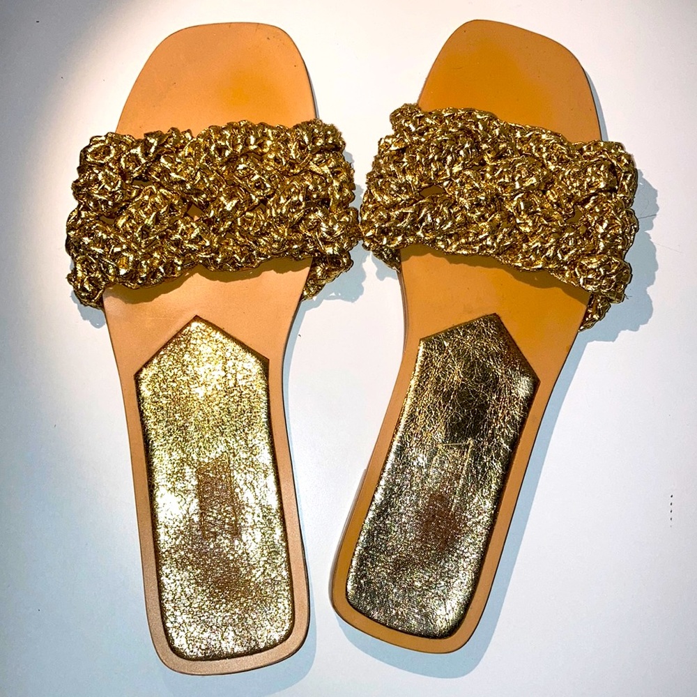 Zara Gold Textured Slide Sandals